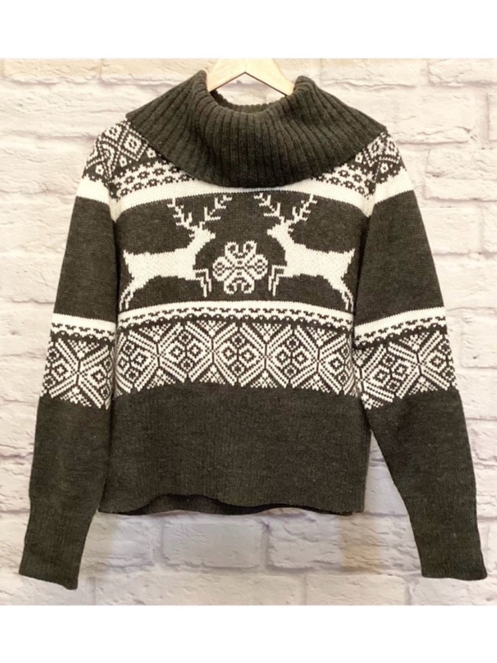 Allen Schwartz XL Women’s Sweater Cowl Neck Reindeer Nordic Fair Isle Gray